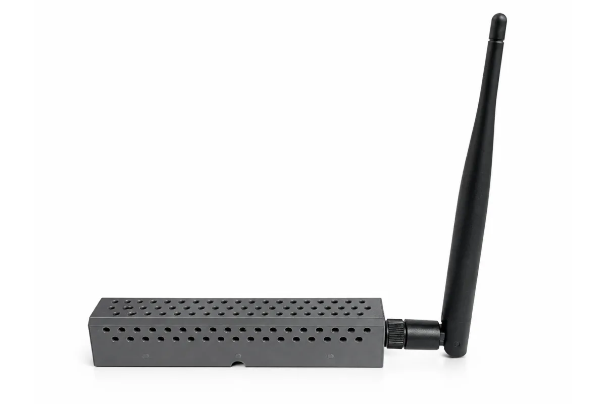 ZREL side view: perforated enclosure with the antenna raised at one end.