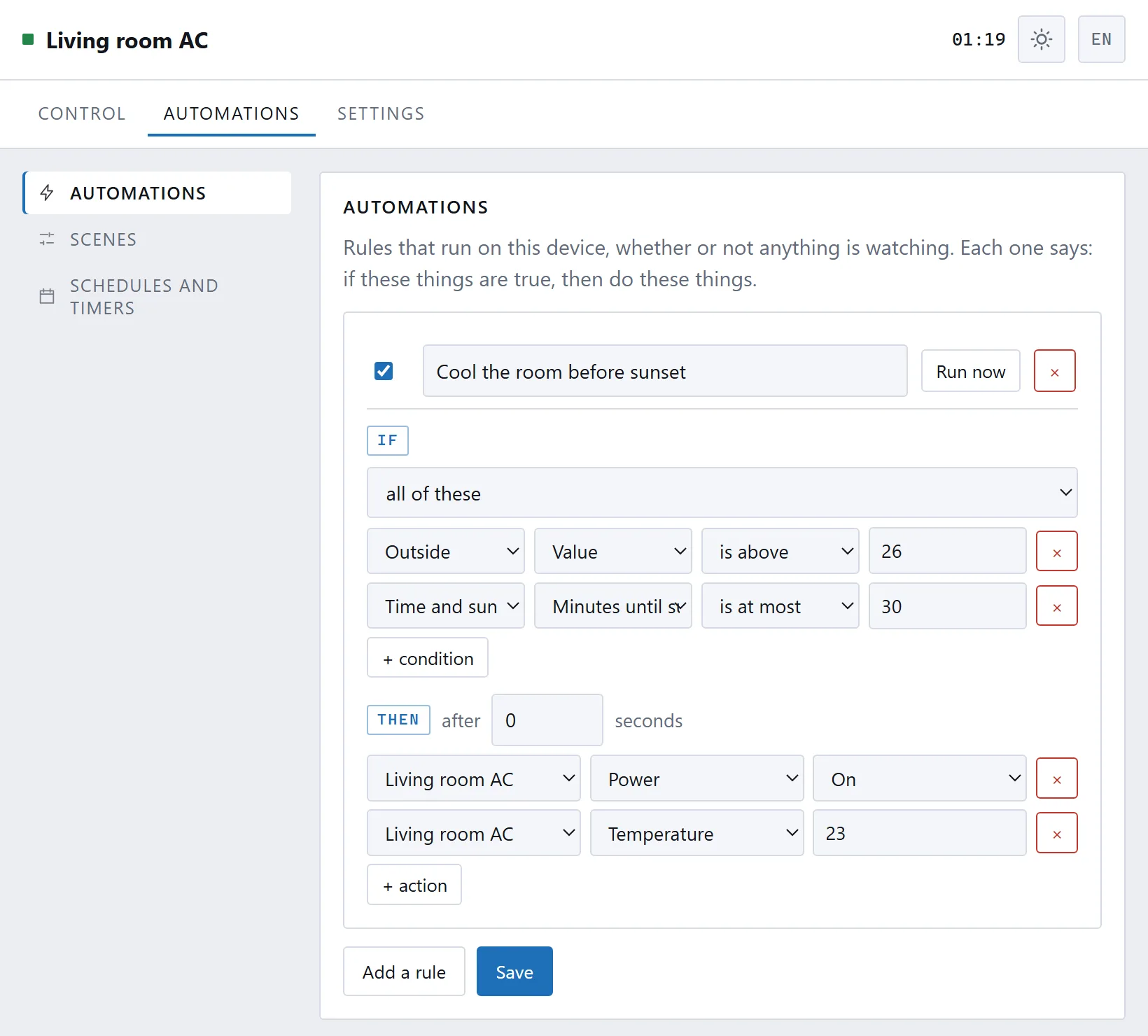 Visual IF/THEN automations across every paired device.