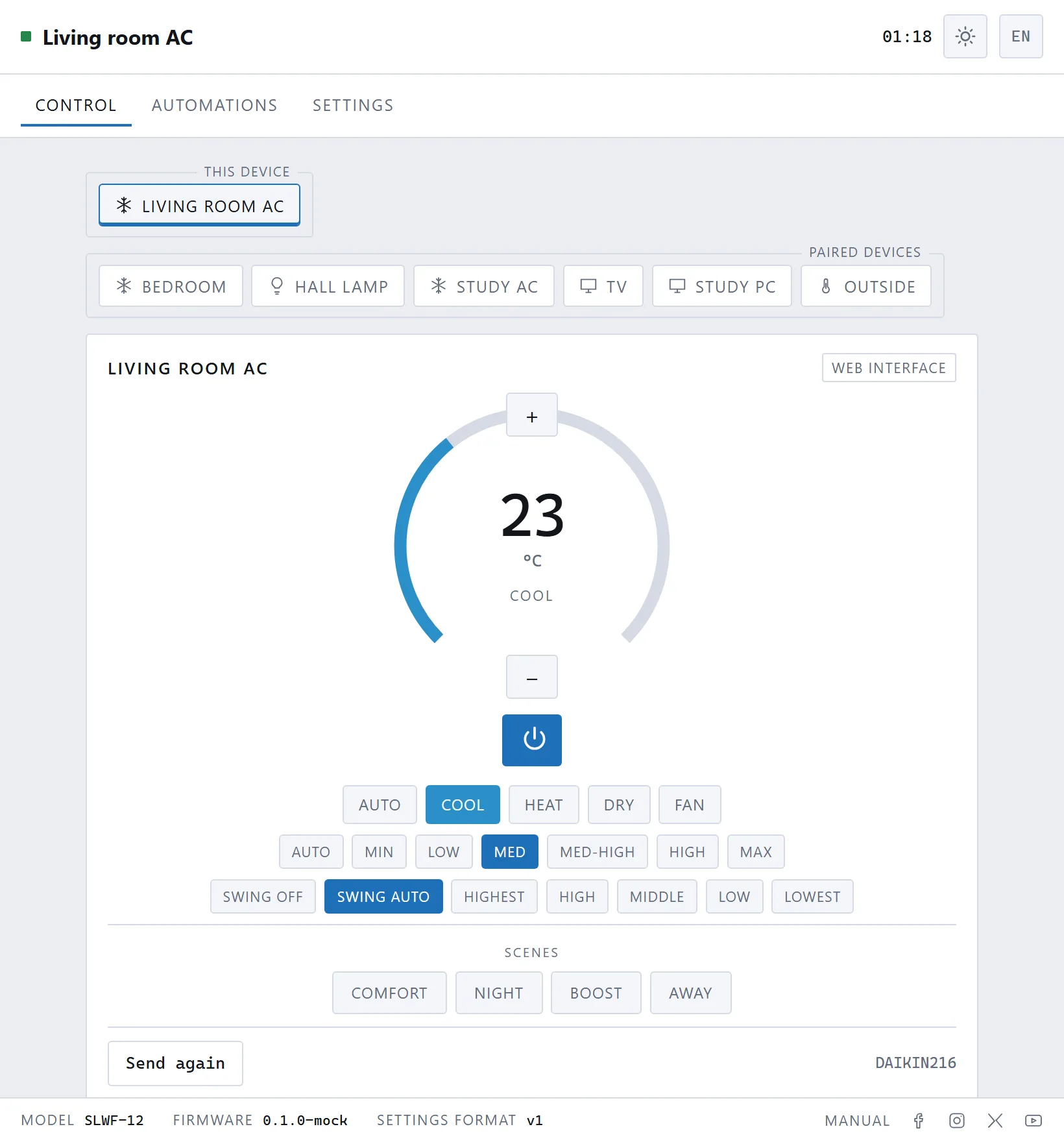 The control page — a thermostat for the unit, with paired devices along the top.
