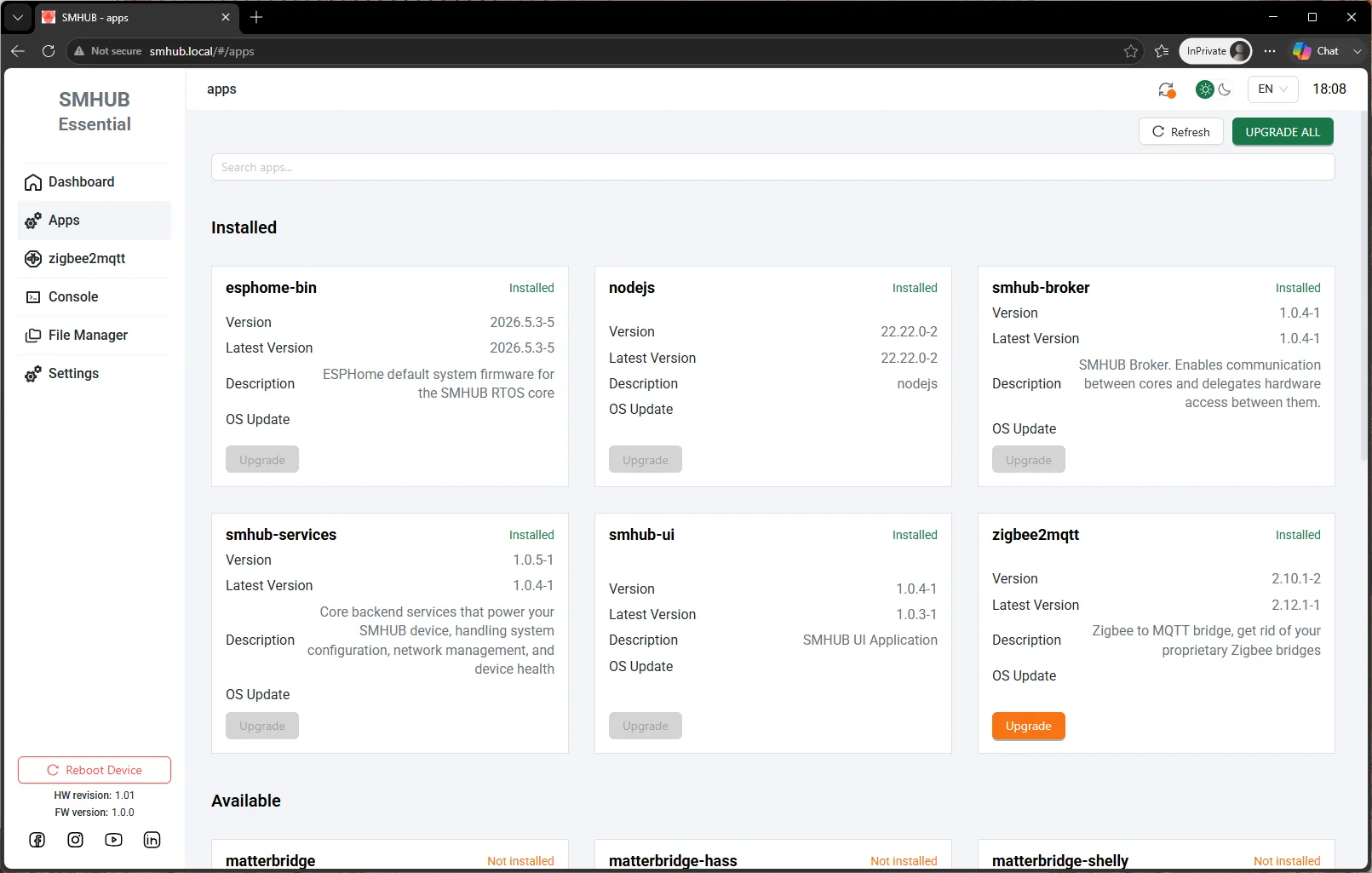 Apps — installed packages with one-click upgrades