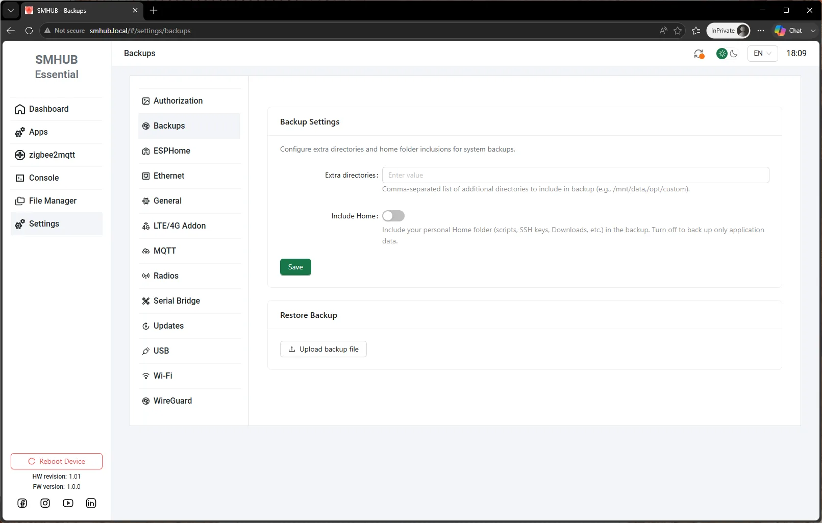 Backups settings