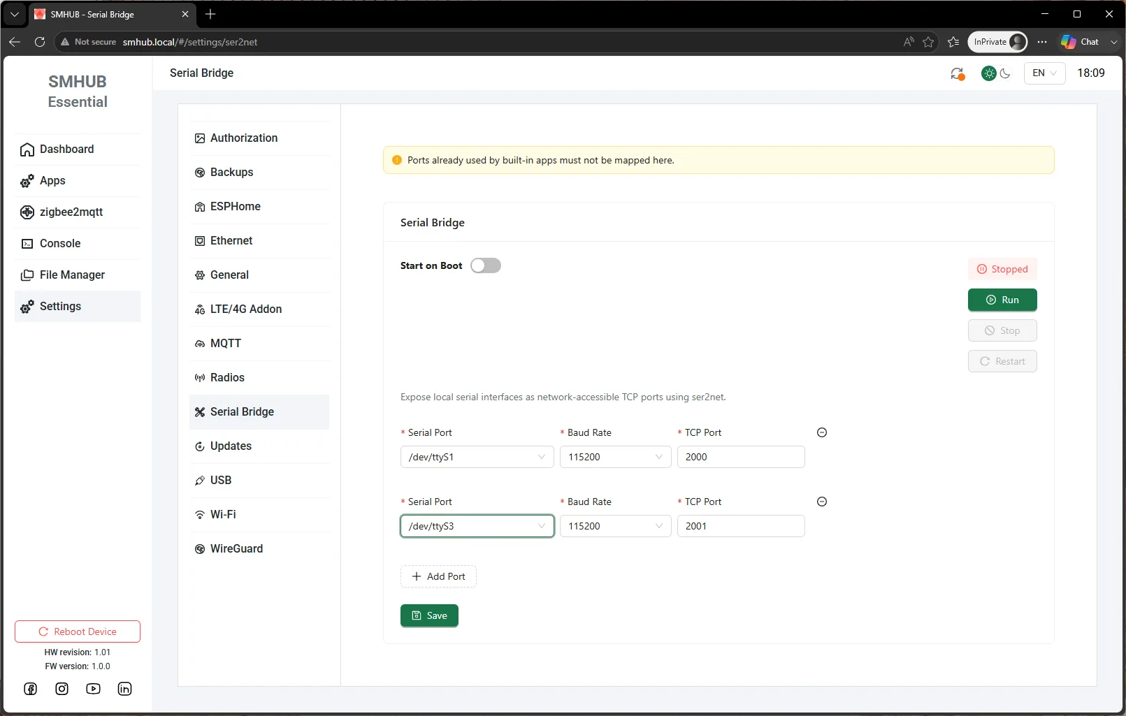 Serial Bridge (ser2net) settings