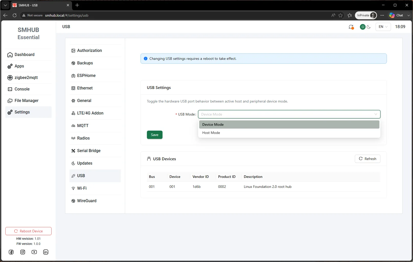USB mode settings