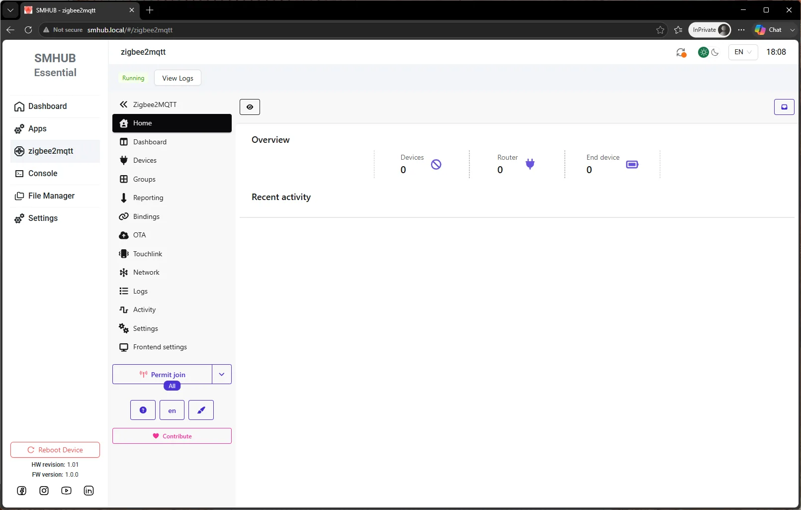 The built-in Zigbee2MQTT frontend
