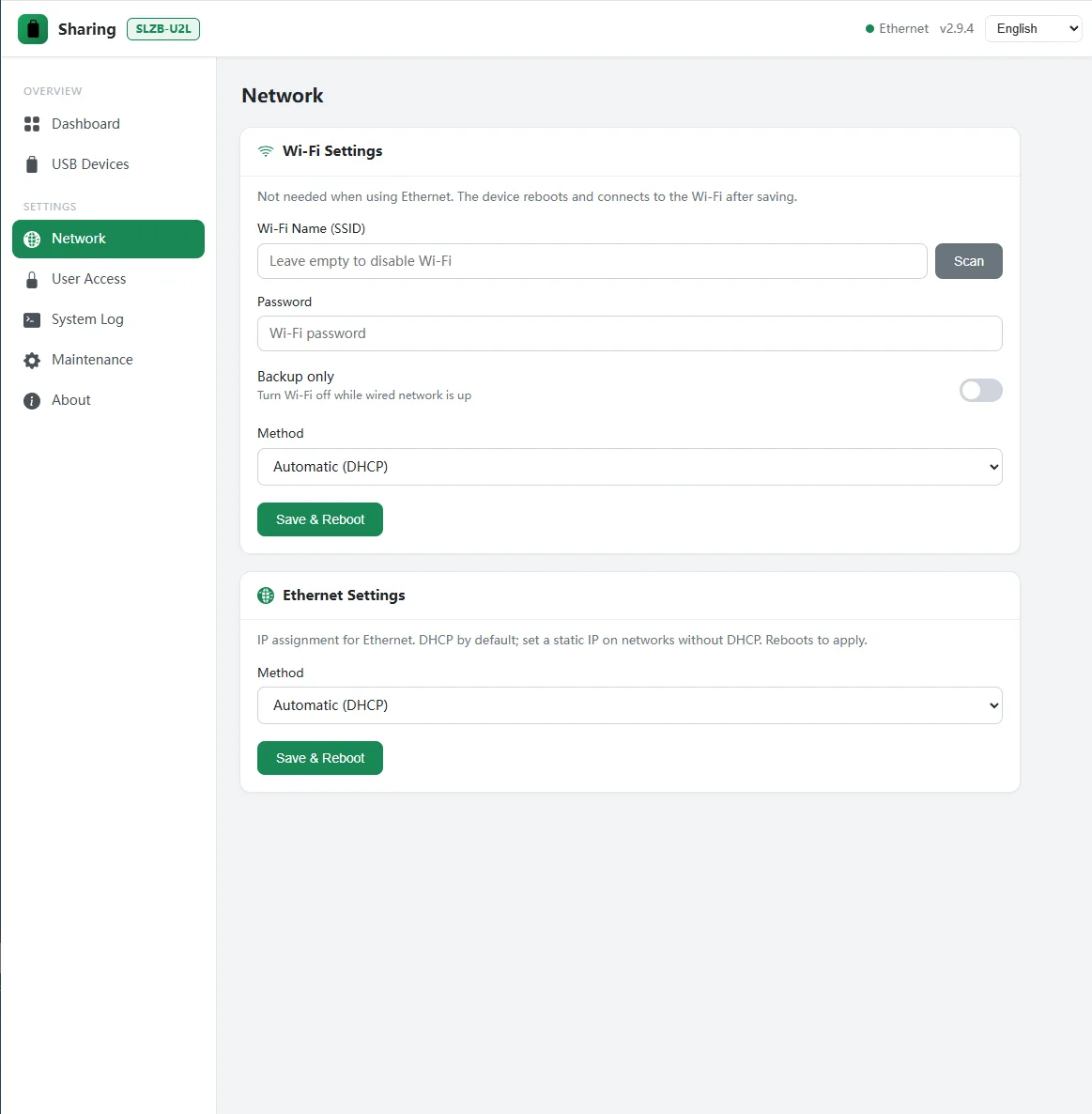 U2L-Sharer network settings page