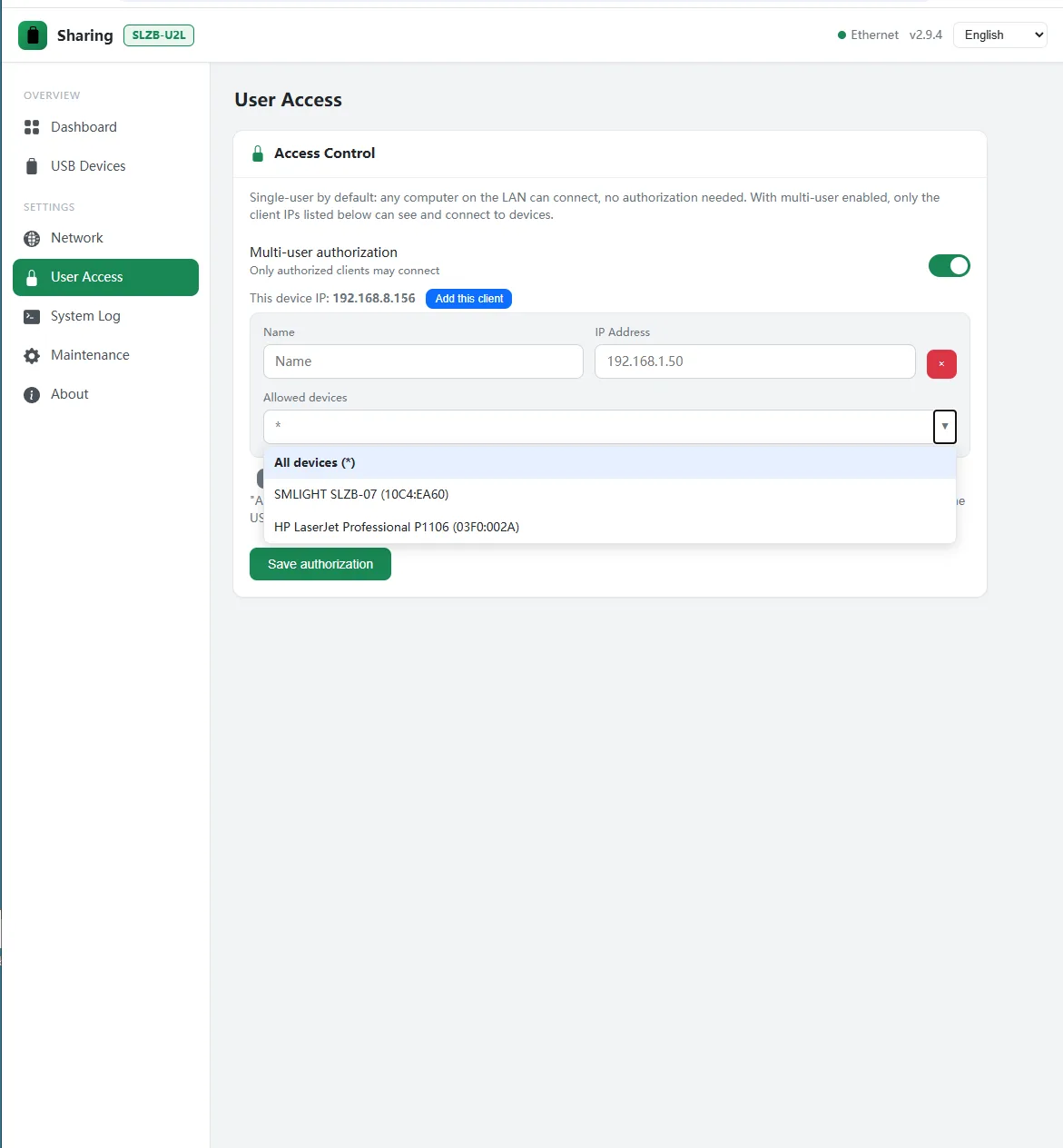 User Access — control who may attach devices